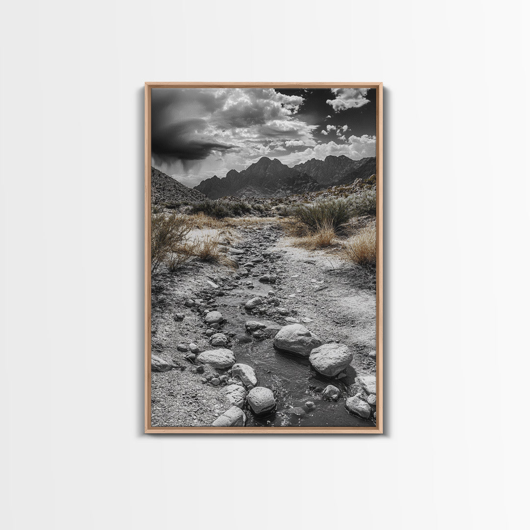 Desert Stream, Rocky Canyon, Moody Sky, Framed Canvas Print, Monochrome Landscape, Minimalist Art, Office or Entryway Decor