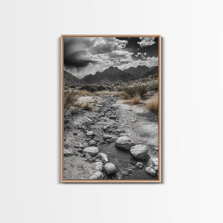 Desert Stream, Rocky Canyon, Moody Sky, Framed Canvas Print, Monochrome Landscape, Minimalist Art, Office or Entryway Decor