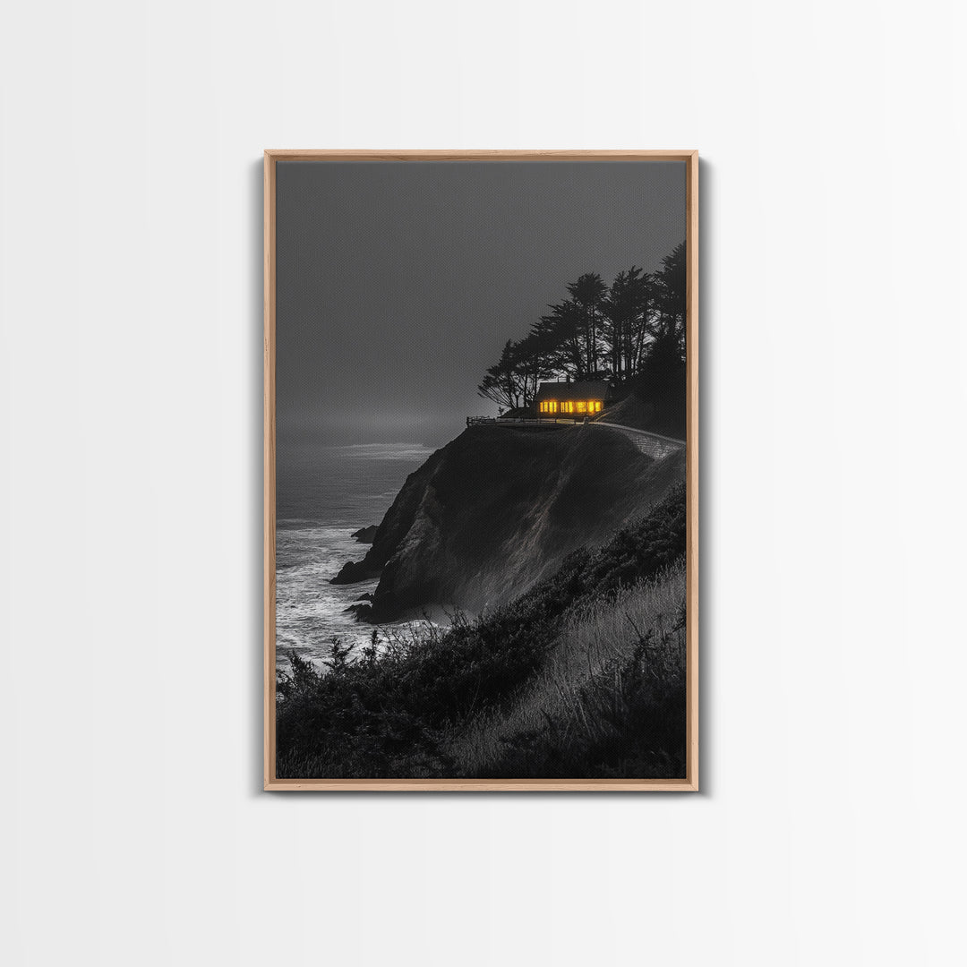 Cabin on Cliff, Moody Coastal Art, Glowing Window, Sunset Seascape, Framed Canvas Print, Minimalist Landscape, Living Room Wall Art