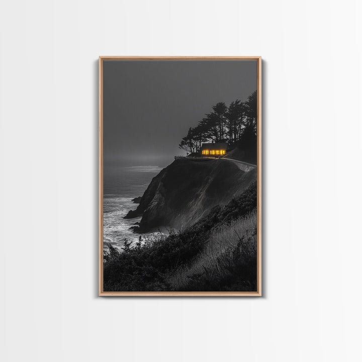 Cabin on Cliff, Moody Coastal Art, Glowing Window, Sunset Seascape, Framed Canvas Print, Minimalist Landscape, Living Room Wall Art