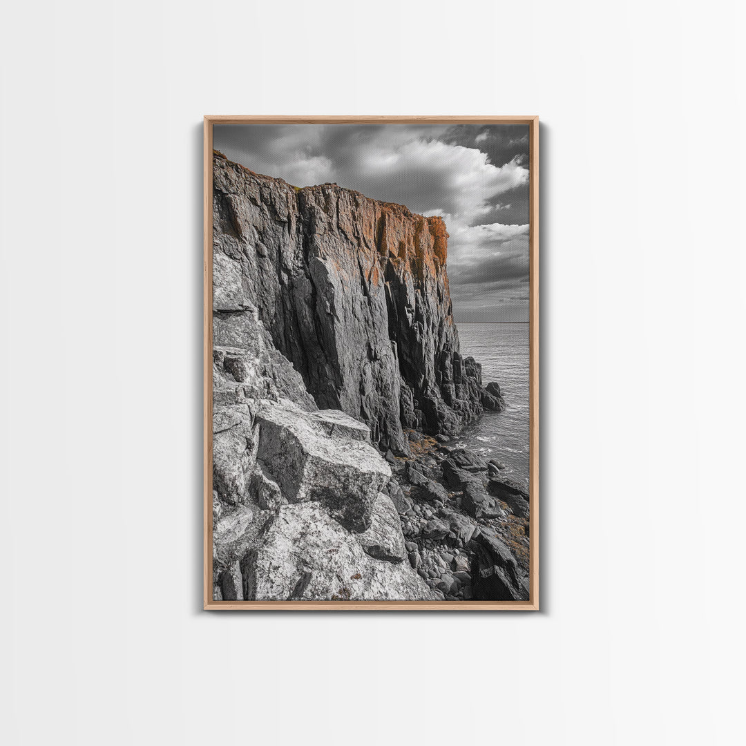 Rugged Cliff Coast, Ocean Rocks, Dramatic Sky, Seaside View, Framed Canvas Print, Coastal Decor, Living Room Wall Art, Earthy Tones