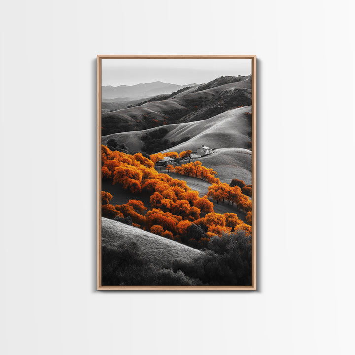 Autumn Hills, Vibrant Trees, Countryside View, Framed Canvas Print, Fall Landscape Art, Farmhouse Decor, Cozy Living Room Accent