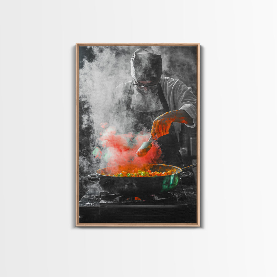 Chef Cooking, Kitchen Smoke, Artistic Culinary Scene, Framed Canvas Print, Modern Kitchen Wall Art, Vibrant Food Art, Chef Decor