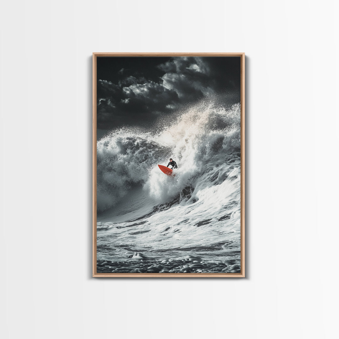Surfer Wave, Ocean Power, Extreme Sports Art, Framed Canvas Print, Beach House Decor, Surfing Wall Art, Coastal Adventure Scene