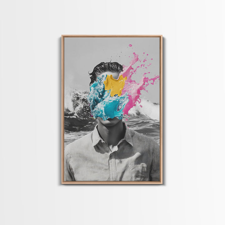 Abstract Portrait, Paint Splash Face, Surreal Ocean Art, Framed Canvas Print, Modern Living Room Art, Pop Surrealism Decor