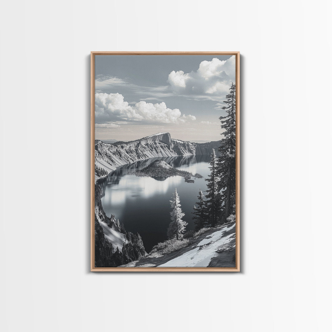 Crater Lake, Snowy Mountains, Scenic Reflection View, Framed Canvas Print, Cabin Wall Art, Winter Landscape Decor, Nature Vibes