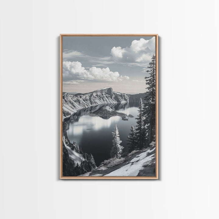 Crater Lake, Snowy Mountains, Scenic Reflection View, Framed Canvas Print, Cabin Wall Art, Winter Landscape Decor, Nature Vibes