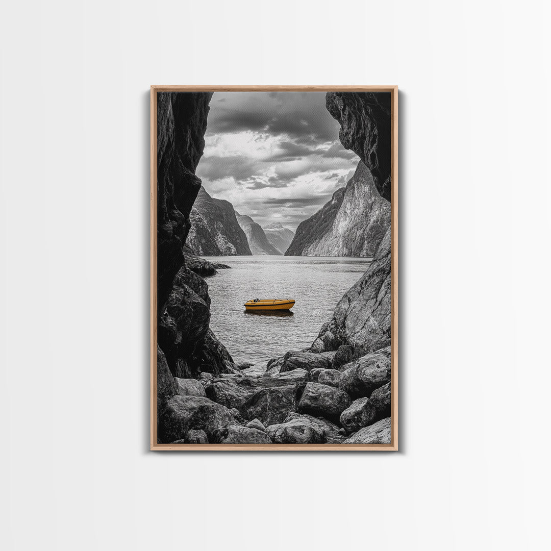 Yellow Boat, Mountain Lake, Serene Fjord Scene, Framed Canvas Print, Minimalist Wall Art, Nature Landscape, Scandinavian Decor