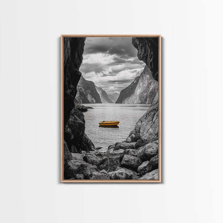 Yellow Boat, Mountain Lake, Serene Fjord Scene, Framed Canvas Print, Minimalist Wall Art, Nature Landscape, Scandinavian Decor