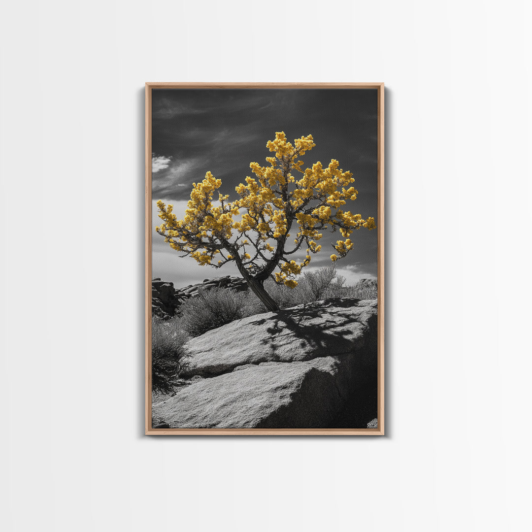Desert Bloom, Yellow Tree, Rocky Hill, Framed Canvas Print, Southwest Wall Art, Boho Nature Decor, Minimalist Desert Landscape