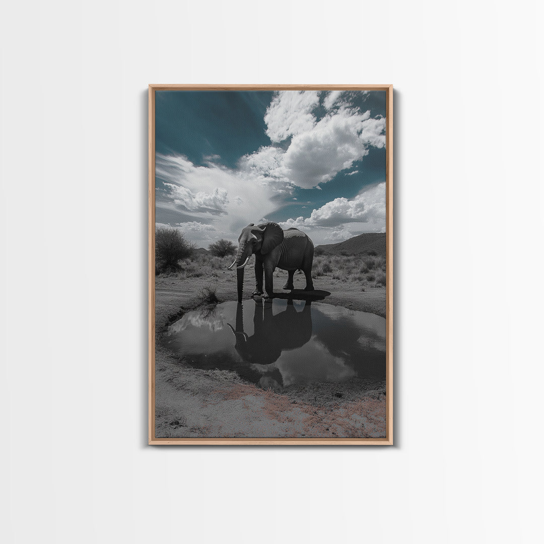 Elephant Reflection, Watering Hole, Savannah Sky, Framed Canvas Print, Wildlife Wall Art, Safari Style Decor, Nature Photography