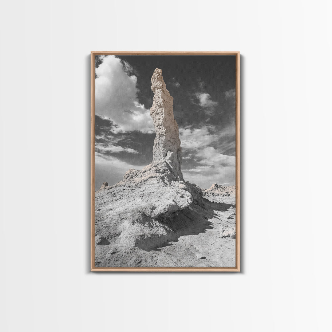 Rock Spire, Desert Monument, Sky Landscape, Framed Canvas Print, Modern Nature Wall Art, Earth Tones Decor, Minimalist Desert Art