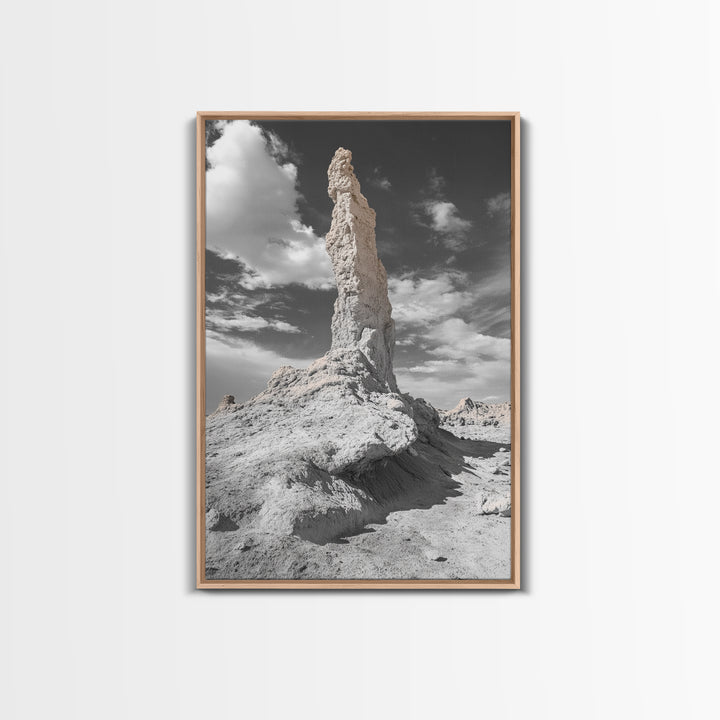 Rock Spire, Desert Monument, Sky Landscape, Framed Canvas Print, Modern Nature Wall Art, Earth Tones Decor, Minimalist Desert Art