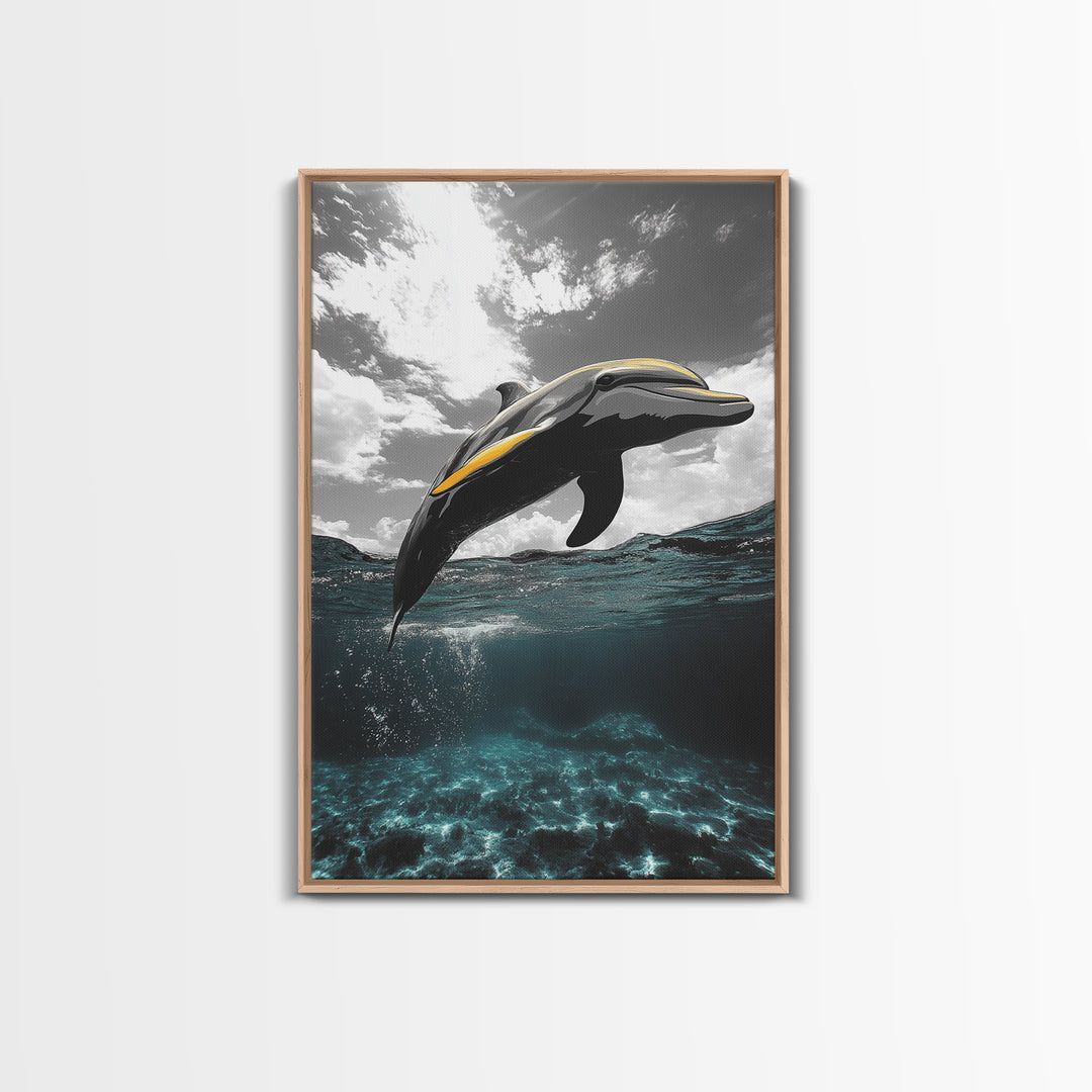 Dolphin Splash, Ocean Wildlife, Underwater Grace, Black White Sea Art, Canvas Print, Bathroom Wall Art, Coastal Decor, Marine Life Style