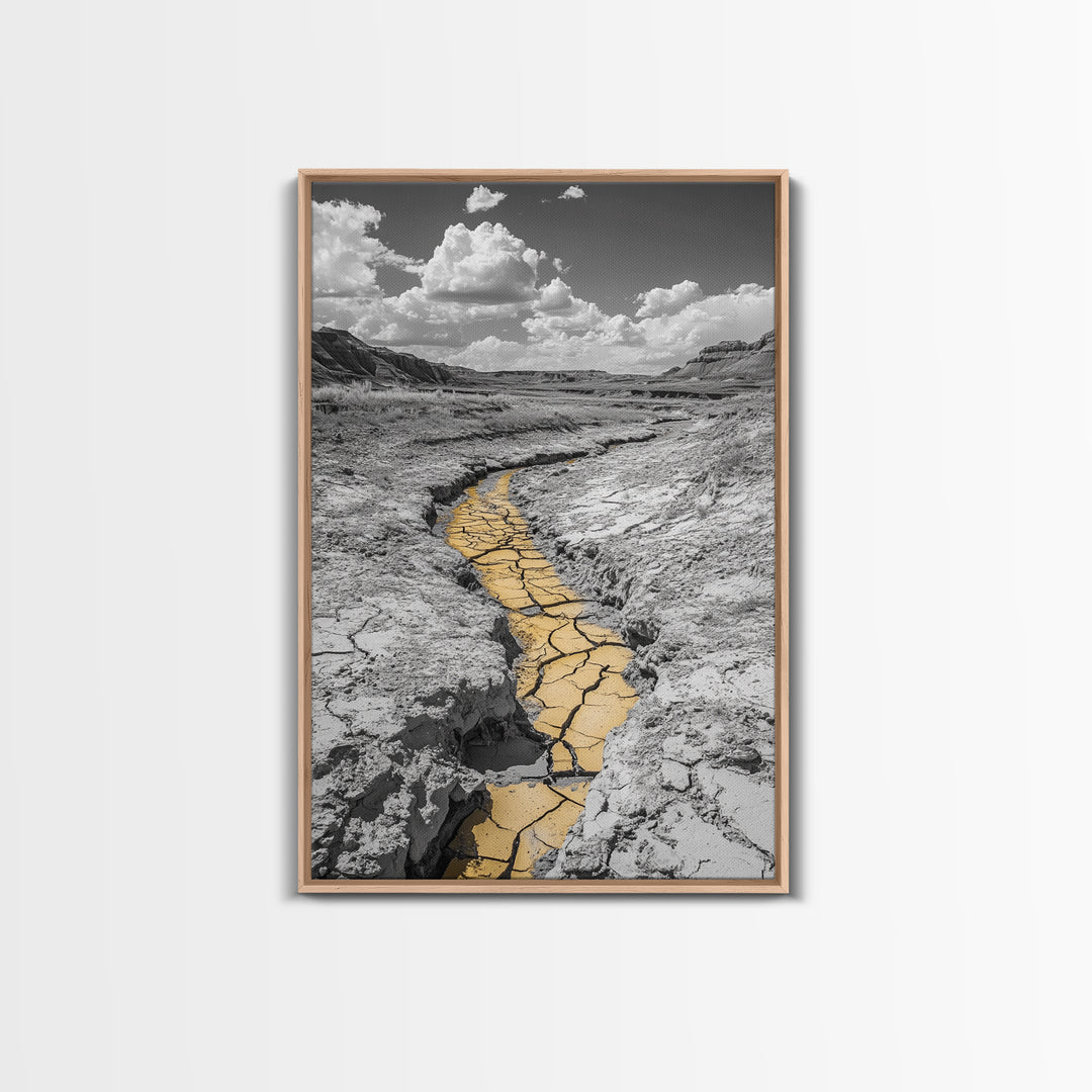 Desert Riverbed, Yellow Crack Trail, Dry Earth Path, Framed Canvas Print, Southwestern Wall Art, Minimalist Nature Decor, Earth Tone Style