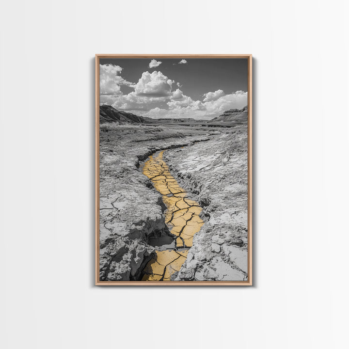 Desert Riverbed, Yellow Crack Trail, Dry Earth Path, Framed Canvas Print, Southwestern Wall Art, Minimalist Nature Decor, Earth Tone Style