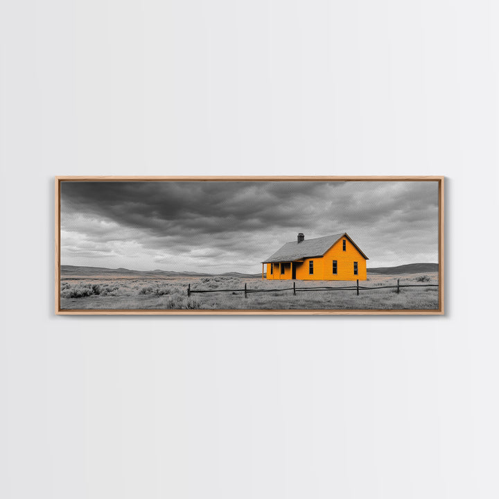 Yellow House, Stormy Sky, Minimalist Landscape, Rural Farmhouse, Framed Canvas Print, Rustic Wall Decor, Living Room Wall Art