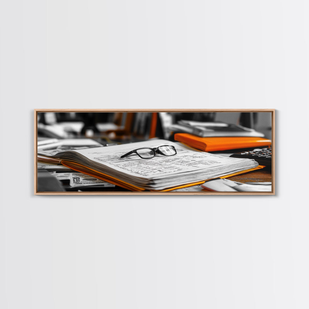 Open Book, Glasses, Orange Folders, Writer Desk, Framed Canvas Print, Study Room Wall Art, Vintage Academic Aesthetic