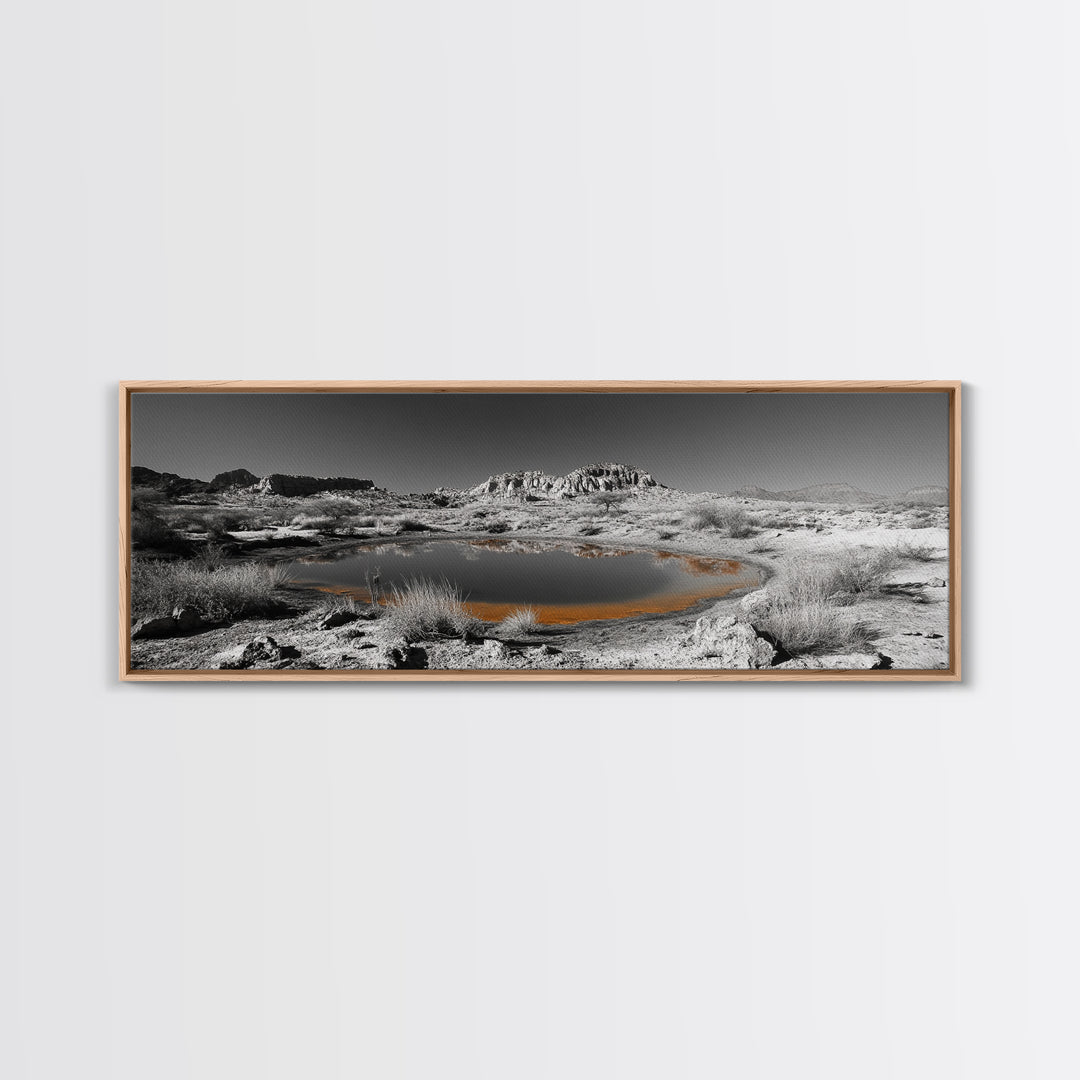 Desert Water Reflection, Desert Pond Scene, Minimalist Landscape Art, Framed Canvas Print, Neutral Wall Decor, Tranquil Nature Artwork