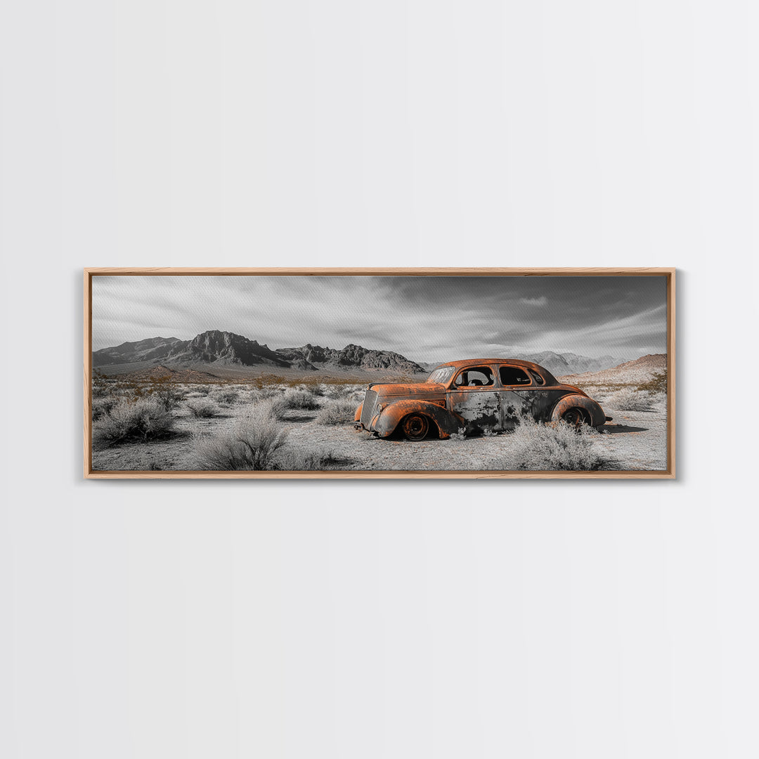 Desert Wreck, Abandoned Car, Moody Landscape, Rusty Vehicle — Framed Canvas Print, Industrial Wall Art, Garage Decor, Western Photography
