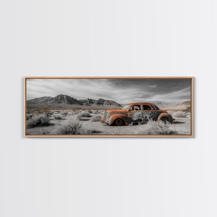 Desert Wreck, Abandoned Car, Moody Landscape, Rusty Vehicle — Framed Canvas Print, Industrial Wall Art, Garage Decor, Western Photography