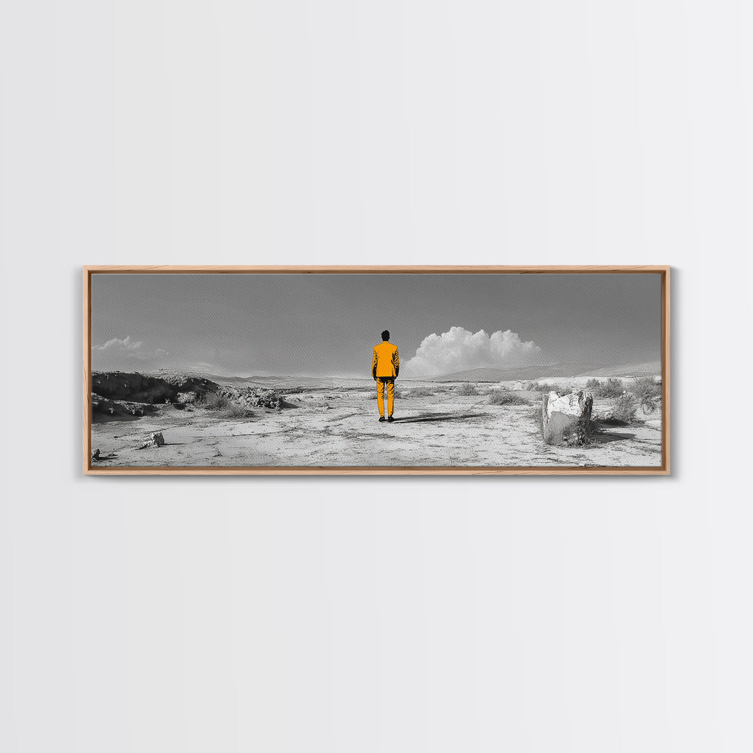 Yellow Suit, Surreal Desert, Lone Wanderer, Conceptual Art — Framed Canvas Print, Modern Art, Office Decor, Minimalist Statement Piece