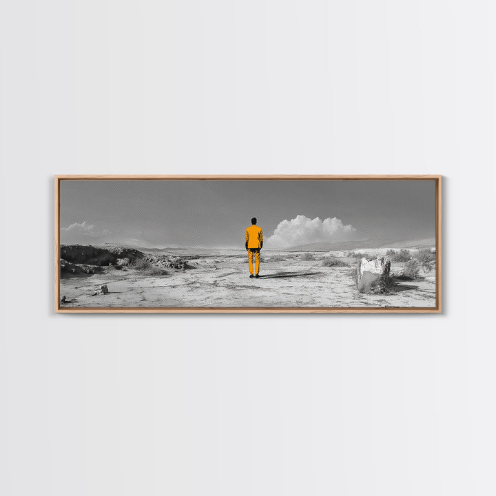 Yellow Suit, Surreal Desert, Lone Wanderer, Conceptual Art — Framed Canvas Print, Modern Art, Office Decor, Minimalist Statement Piece