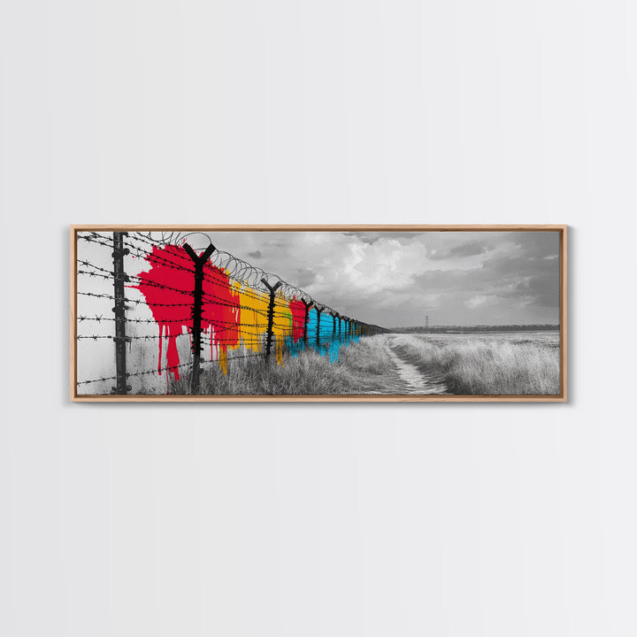 Barbed Wire, Graffiti Fence, Urban Street Art, Political Statement, Framed Canvas Print, Modern Wall Art, Office Decor, Activist Art