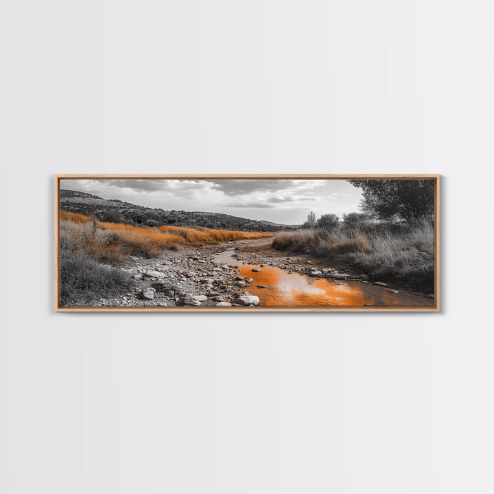 Autumn Stream, Golden Creek, Rustic Nature, Fall Landscape, Framed Canvas Print, Farmhouse Decor, Living Room Wall Art, Earth Tones