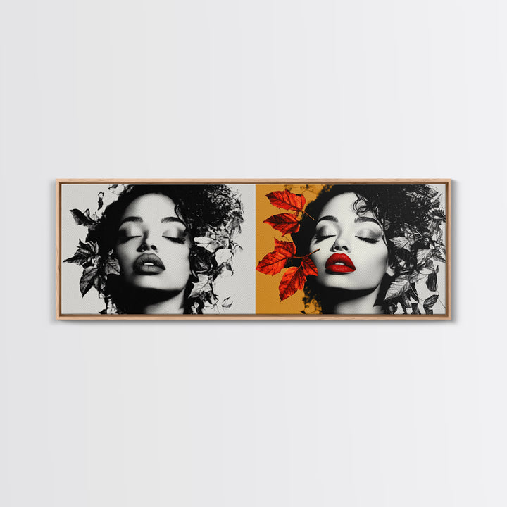 Autumn Leaves, Bold Lips Portrait, Fashion Face Art, Framed Canvas Print, Fall Wall Decor, Modern Bedroom Art, Boho Glam Aesthetic