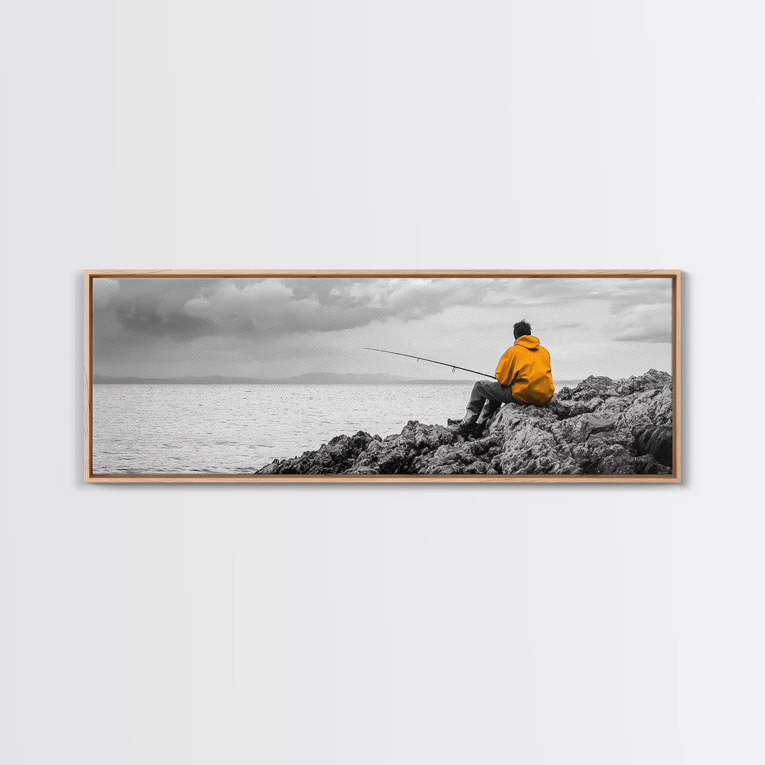 Peaceful Angler View, Yellow Hoodie Fisherman, Canvas Print, Minimalist Seaside Wall Art, Coastal Living Room Art, Fishing Lover Gift