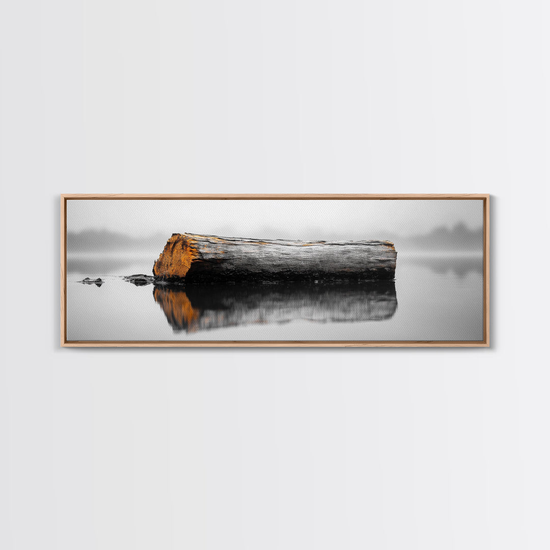Weathered Log Reflection, Calm Lake Scene, Canvas Print, Minimalist Nature Photography, Zen Bathroom Wall Art, Serene Rustic Decor