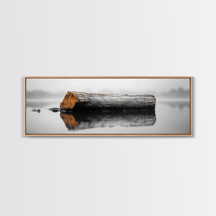 Weathered Log Reflection, Calm Lake Scene, Canvas Print, Minimalist Nature Photography, Zen Bathroom Wall Art, Serene Rustic Decor