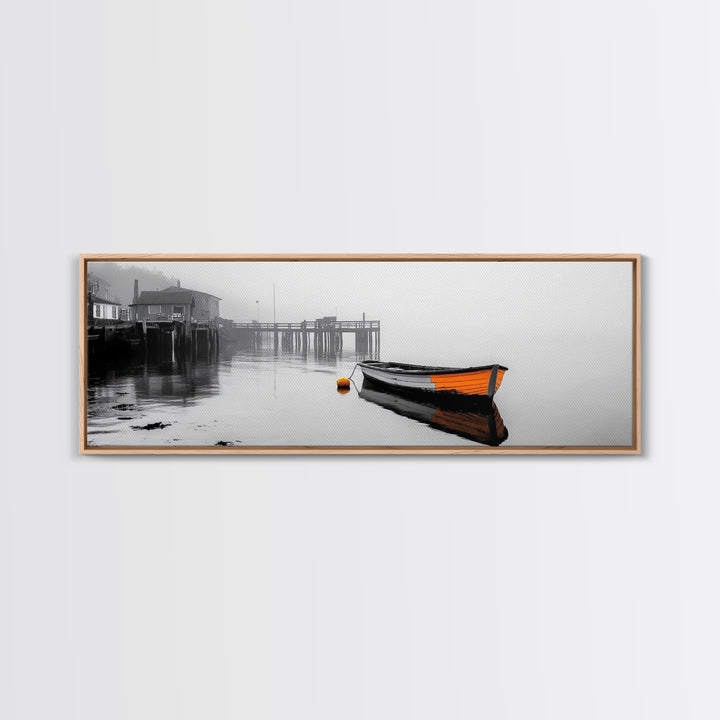 Harbor Rowboat Reflection, Foggy Dock Scene, Framed Canvas Print, Coastal Minimalist Wall Art, Seaside Entryway Decor, Moody Ocean Art