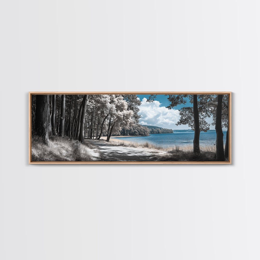 Coastal Forest Path, Lakeside Nature Trail, Tranquil Blue Water, Canvas Print, Minimalist Landscape, Bedroom Wall Art