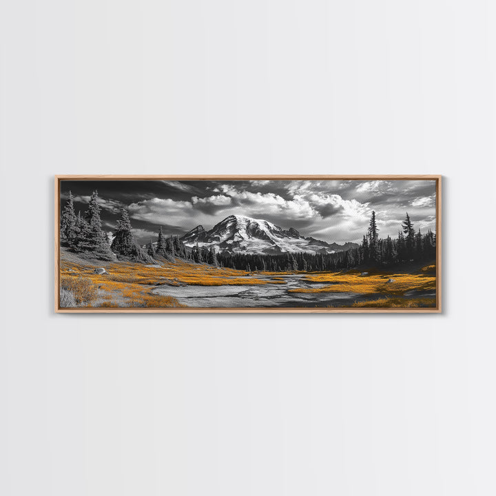 Majestic Mountain Scene, Snow Peaks and Meadows, Alpine Wilderness View, Framed Canvas Print, Cabin Wall Decor, Nature Wall Art