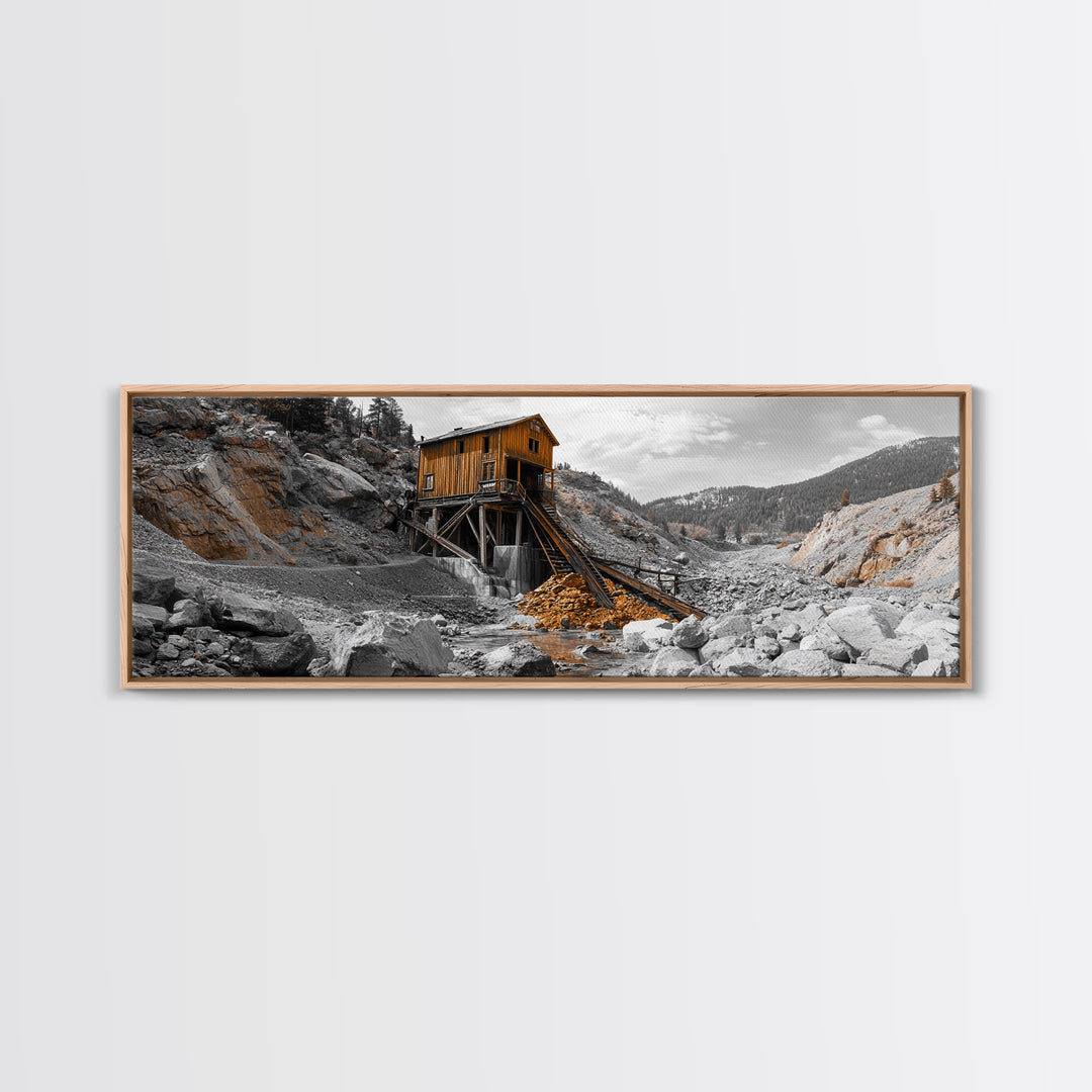 Desert Mine Cabin, Rustic Gold Landscape, Abandoned Building Scene, Framed Canvas Print, Western Art, Office Wall Decor