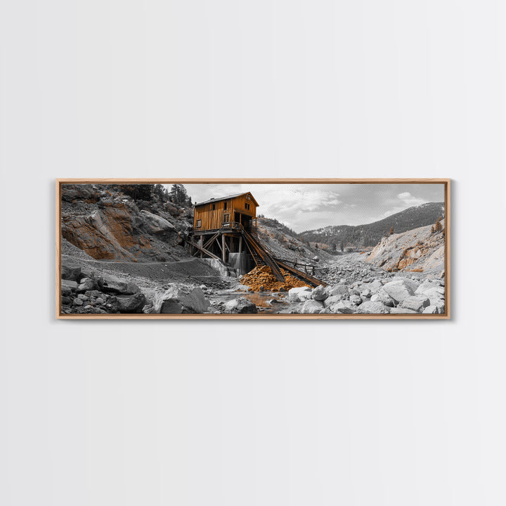 Desert Mine Cabin, Rustic Gold Landscape, Abandoned Building Scene, Framed Canvas Print, Western Art, Office Wall Decor