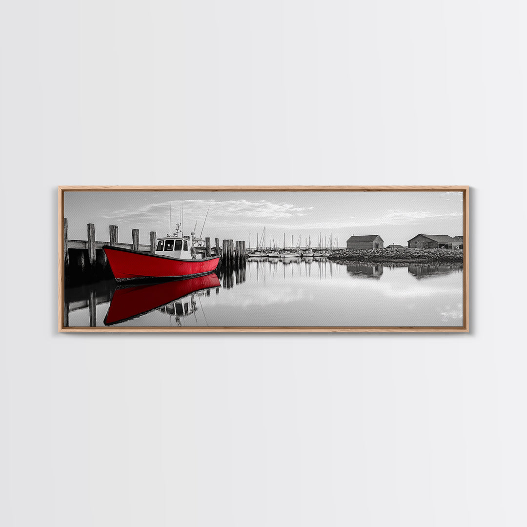 Red Fishing Boat, Harbor Reflection Scene, Calm Dockside Water, Framed Canvas Print, Nautical Art, Living Room Wall Decor