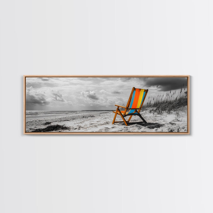 Beach Chair, Coastal Solitude, Striped Fabric, Seaside Calm, Framed Canvas Print, Minimalist Wall Art, Beach House Decor