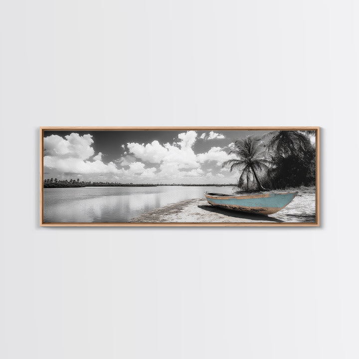 Tropical Boat, Deserted Beach, Palms and Clouds, Ocean Peace, Framed Canvas Print, Boho Wall Art, Bedroom Decor, Seaside Minimalism