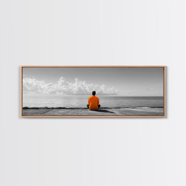 Orange Jacket, Solitude Man, Sea Gaze, Minimal Mood, Framed Canvas Print, Office Wall Art, Modern Decor, Reflective Photography