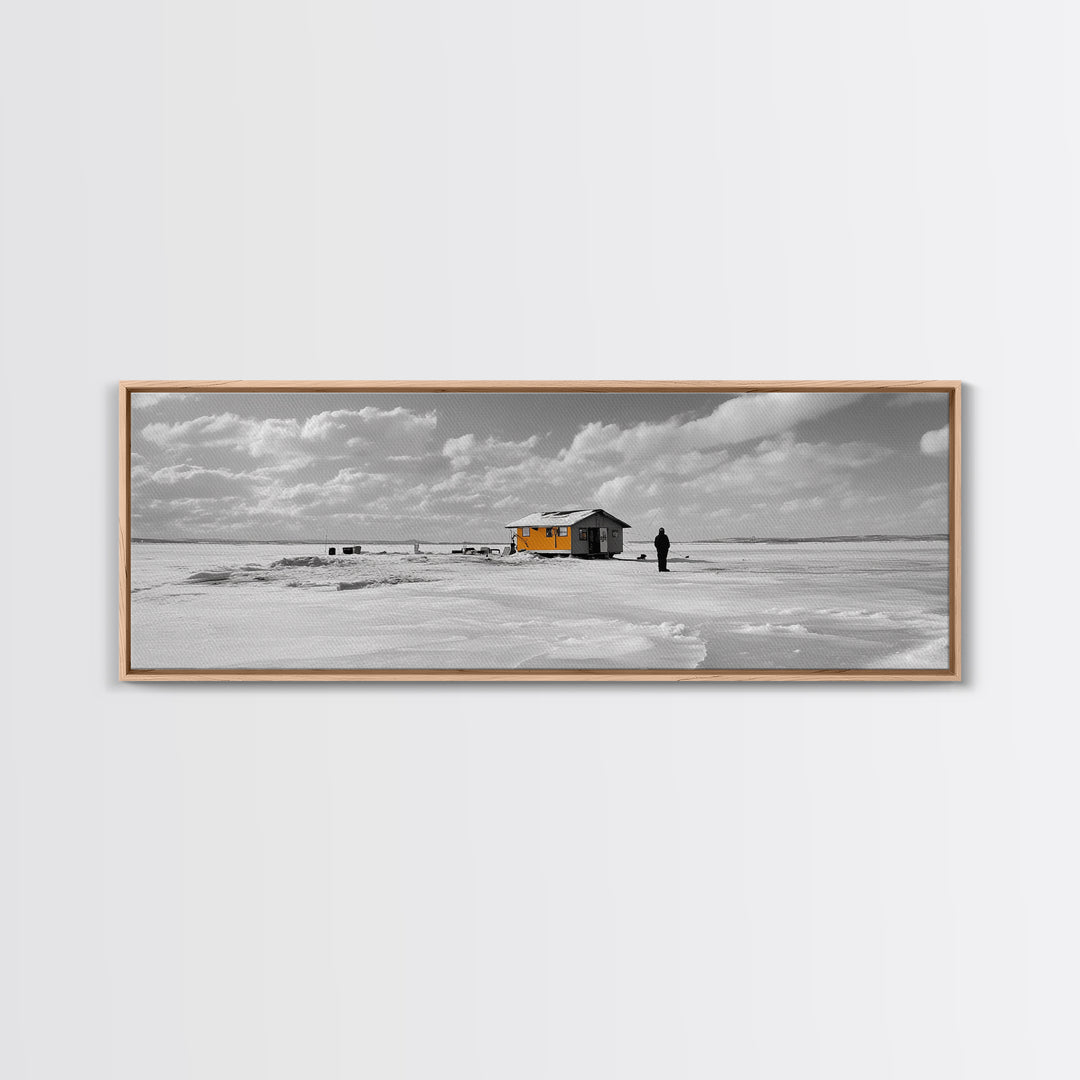 Winter Fishing, Ice House, Snowy Sky, Arctic Chill, Framed Canvas Print, Cabin Wall Art, Minimalist Winter Decor, Monochrome Scene