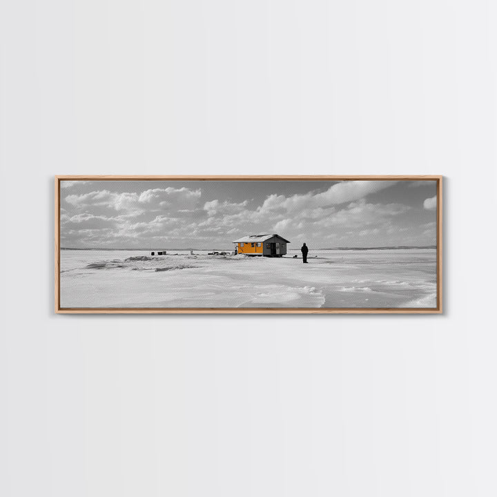 Winter Fishing, Ice House, Snowy Sky, Arctic Chill, Framed Canvas Print, Cabin Wall Art, Minimalist Winter Decor, Monochrome Scene