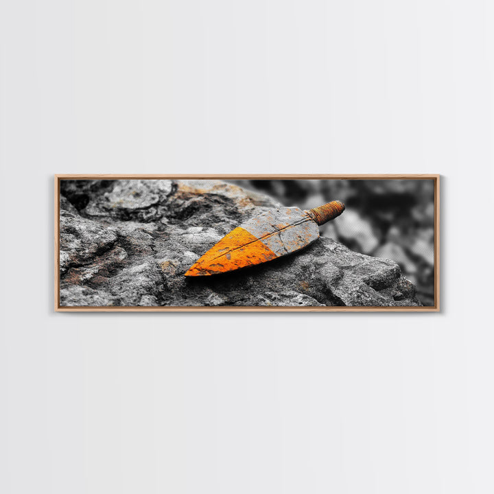 Tribal Blade, Ancient Weapon, Stone Texture, Orange Detail, Framed Canvas Print, Masculine Wall Art, Rustic Decor, Warrior Vibes