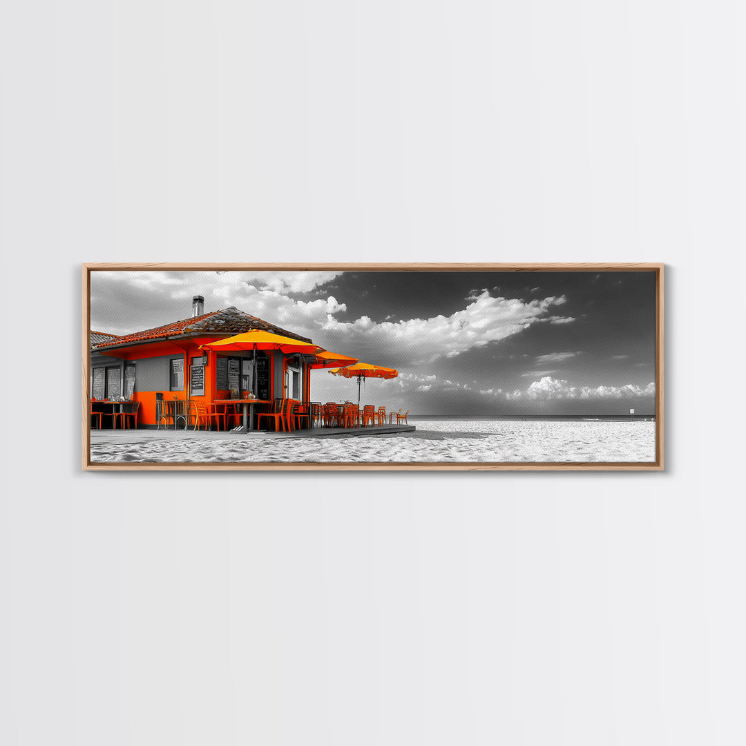 Beach Cafe, Orange Umbrellas, Seaside Dining, Sunny Vibes, Framed Canvas Print, Kitchen Wall Art, Summer Coastal Style