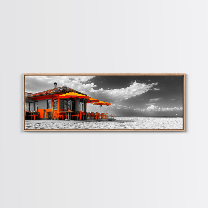 Beach Cafe, Orange Umbrellas, Seaside Dining, Sunny Vibes, Framed Canvas Print, Kitchen Wall Art, Summer Coastal Style