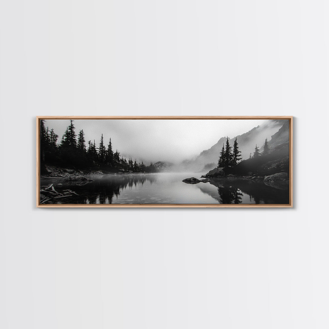 Foggy Pines, Mountain Reflection, Monochrome Wilderness, Canvas Print, black and white wall art, cabin decor, minimalist forest scene