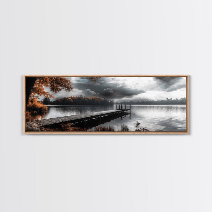 Autumn Lake, Stormy Sky, Wooden Dock, Canvas Print, fall landscape wall art, cozy home decor, cabin style print, orange forest reflections