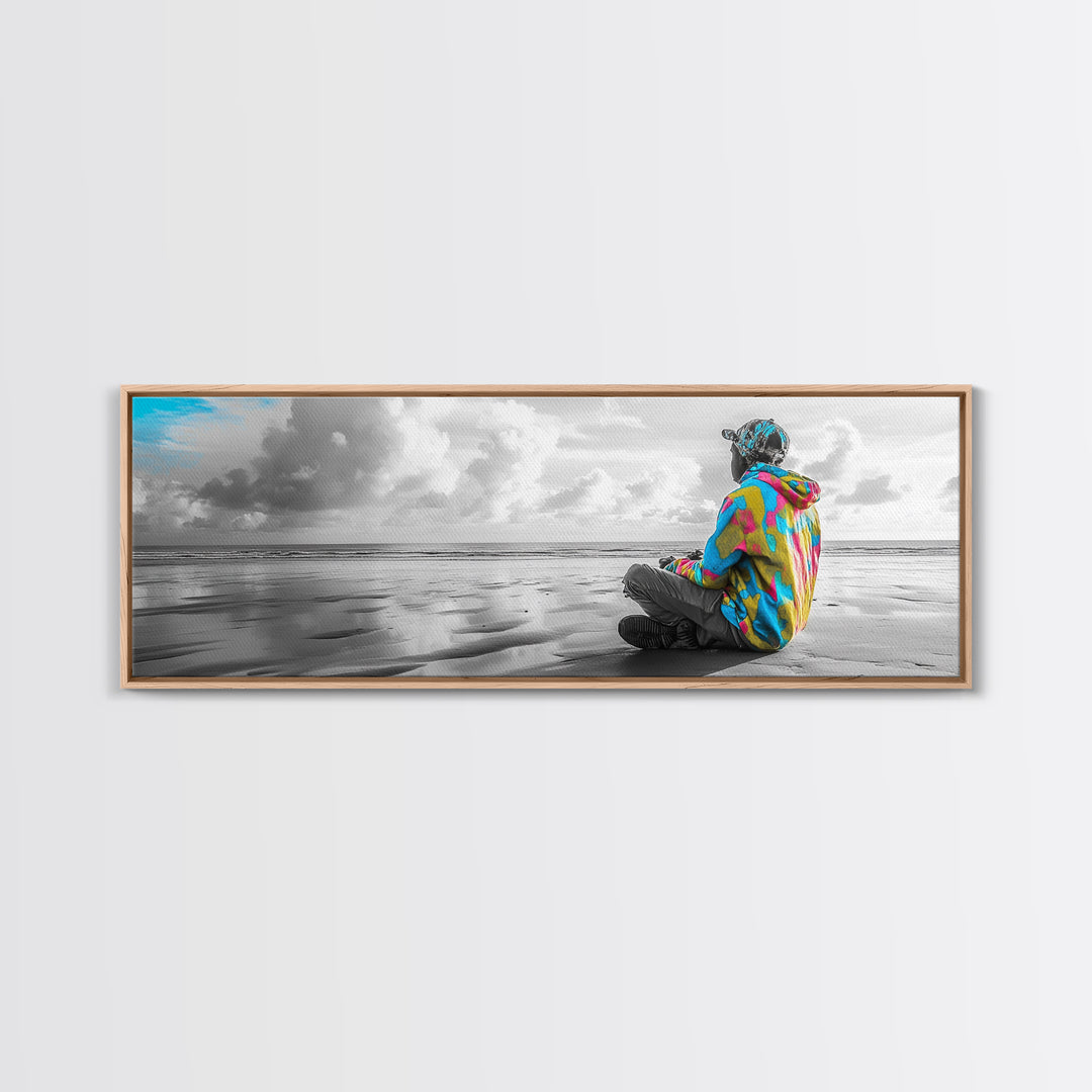 Colorful Hoodie, Peaceful Ocean, Reflective Moment, Street Style, Framed Canvas Print, Boho Wall Art, Teen Bedroom Decor